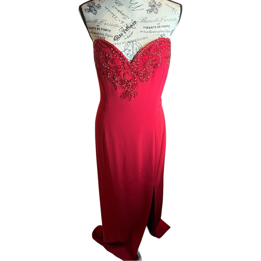 Vtg Black Tie Oleg Cassini Strapless Beaded High Slit Formal Dress